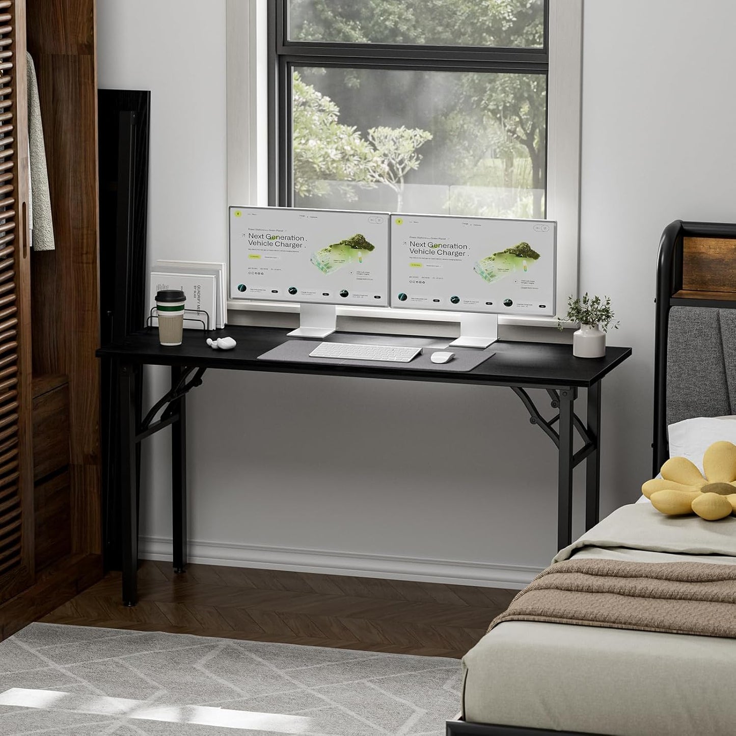 TEMI Long Computer Desk Folding Table - 55.1" Foldable Office Desk, No Assembly, Perfect Writing Table for Bedroom or Apartment, Portable Large Desk or Study Table with Compact Design, Dark Oak