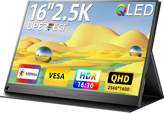 UPERFECT 2.5K QLED Portable Monitor, 16" 2560x1600 QHD Portable Gaming Monitor HDR FreeSync Laptop Monitor w/VESA & Smart Case Matte Eye Care External Second Screen for PC Laptop Phone Game Console