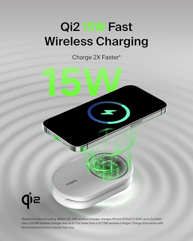 Belkin MagSafe-Compatible Charger, 2-in-1 Magnetic Foldable Charger 15W - Qi2-Certified Wireless Charging for Apple iPhone 16, Apple Watch, Samsung Galaxy S25 w/Non-Slip Base, PSU Included - White