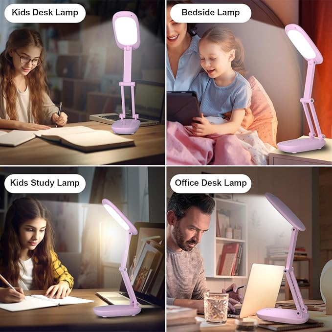 LED Desk Lamp for Office Home & Battery Operated Lamp Rechargeable Lamp Foldable & Portable Light, [2-Fold Bracket] 3 Brightness Dimmable Small Desk Lamp Wireless Reading Lamp (Pink)