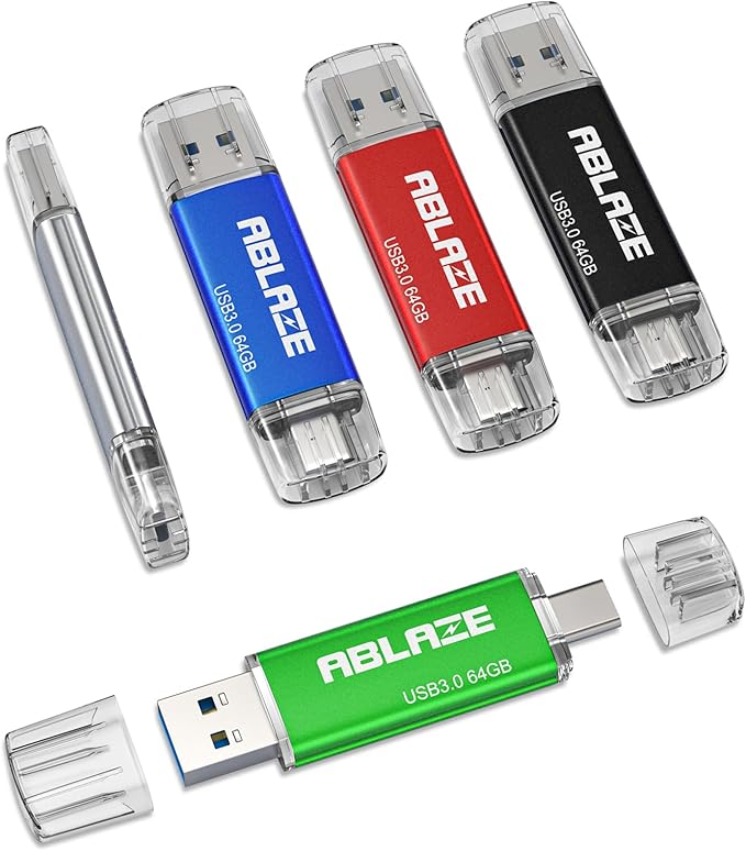 ABLAZE Type C Flash Drive 64GB 5 Pack, Dual USB 3.0+USB C Flash Drive Compatible with iPhone 16/15, Android Smartphone, Computer,Tablet Mac Laptop (5 Pack)
