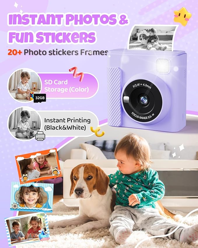 Kids Instant Print Camera, Christmas Birthday Gifts for Girls and Boys, 1080P HD Video Digital Kids Camera with Print Paper & 32G Card, Toddler Toy for 3-14 Years Old (Purple)