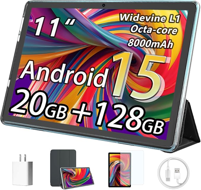 HUIHUANG Tablet 11 inch Android 15 Tablets, 20GB RAM 128GB ROM 1TB Expand, Octa-Core Processor, 1280x800 LCD Touch Screen, WiFi 5, BT5.0, Dual Camera, 8000mAh Battery (Blue)
