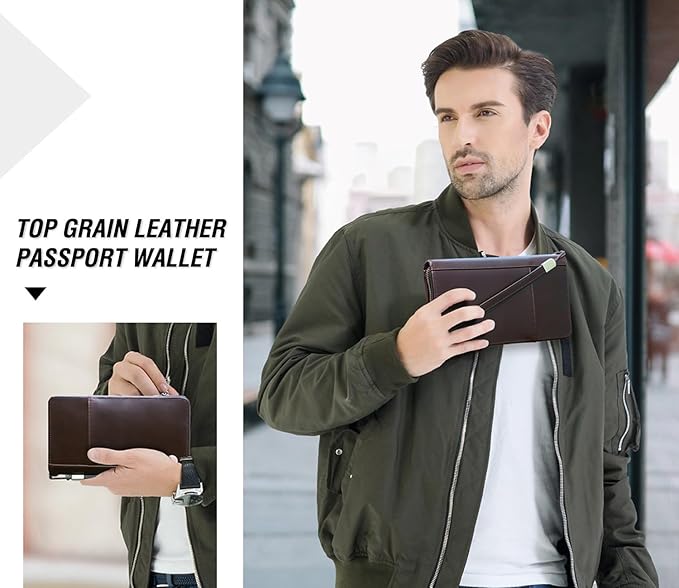 Top Grain Leather Travel Passport Wallet Holder for Man & Woman, Handmade with Three-Layer for 4 Passports & Multi Cards, RFID Blocking Large Capacity for Cards/Passports/Tickets, Coffee