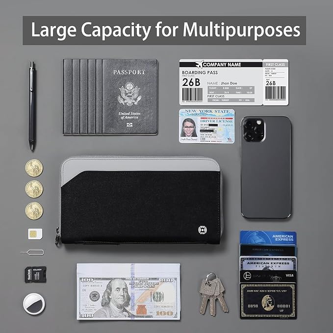 Travel Passport Holder for Family - RFID Large Travel Passport Wallet with Airtag & Card Holder Women Men, Lightweight Passport Cover Case Book Travel Document Organizer with Zipper Pocket,Black