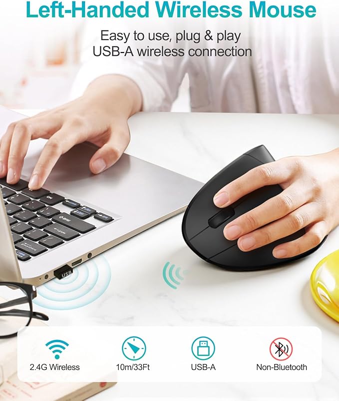 Lekvey Left Handed Ergonomic Mouse, Vertical Wireless Mouse for Left Hand, 2.4G USB Carpal Tunnel Lefty Mouse, 3 Adjustable DPI, 6 Buttons, for Laptop, PC, Computer, Mac, Windows, Desktop - Black
