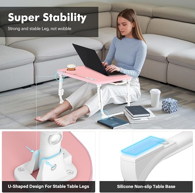 Lap Desk for Bed Adjustable Height, Foldable Bed Table with Storage Drawer, Tablet Slot & Cup Holder, Portable Laptop Stand for Bed & Sofa, Bed Desk for Adults & Kids, Pink