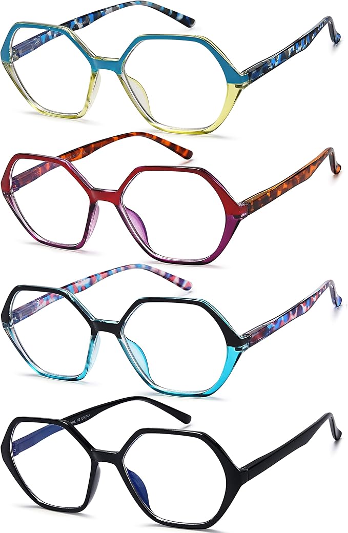 EYEURL Reading Glasses for Women 4-Pack Blue Light Blocking Reading Glasses Vintage Design Diamond-Shaped Frame Spring Hinge Readers Anti Glare Filter Lightweight Eyeglasses,3.25