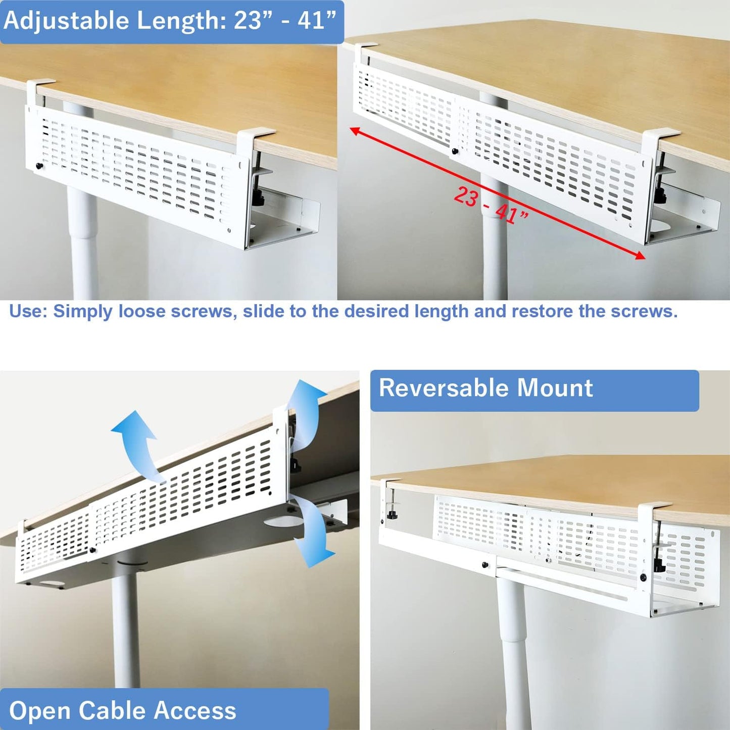 AEONS Under Desk Cable Management Tray Kit - Horizontal Adjustable up tp 41” Desk Organizer Removable C Clamp Mount Reversiable Computer Cord Raceway and Modesty Panel for Large Desk, White/Beige