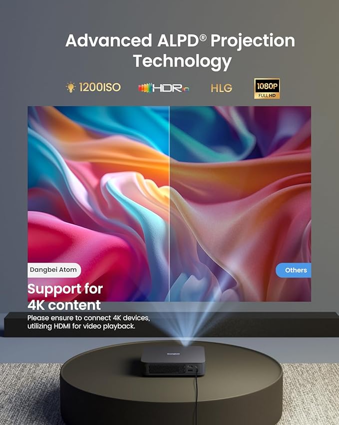 Dangbei Atom Portable Laser Projector, 1200 ISO Lumens, 3D Ready, Official Netflix, 1080p HD with 4K HDR Input, 180" Display, HDR10, 2x5W Dolby Audio, Home Theater Projector with WiFi and Bluetooth