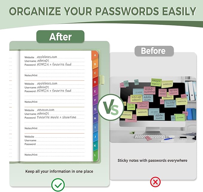 SUNEE Password Book with Colorful Alphabetical Tabs, Password Books for Seniors, Password Keeper Book for Computer and Internet Address Website Login, 5.3''x 7.7''- Sage Green
