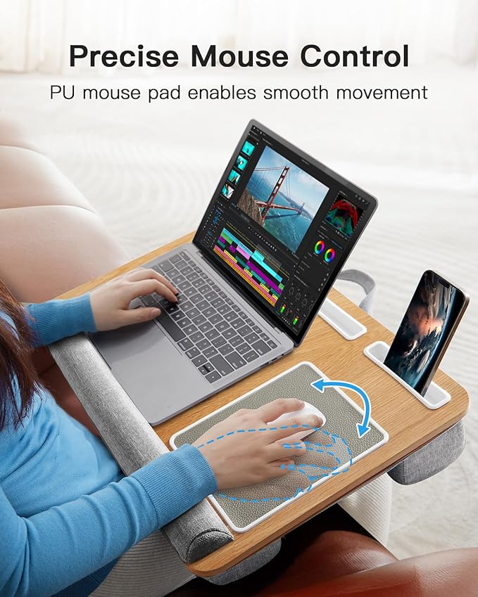 HUANUO Lap Desk - Fits up to 17 inches Laptop Desk, Built in Mouse Pad & Wrist Pad for Notebook, Laptop, Tablet, Lap Stand with Tablet, Pen & Phone Holder (Wood Grain)