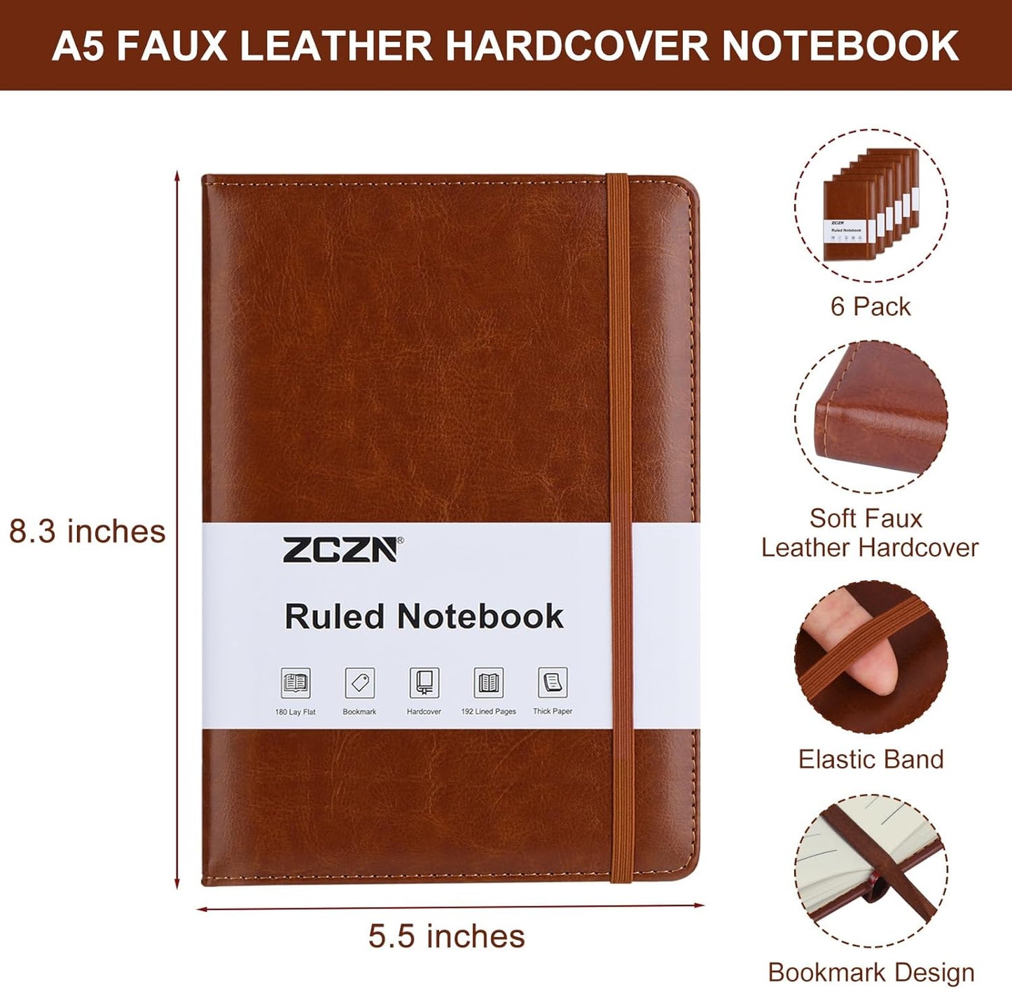 ZCZN 6 Pack Lined Journal Notebooks, 192 Pages A5 Hardcover Leather Journals for Work,Writing,School & Travel, College Ruled Journaling Notebooks for Notes Taking,Diary Notepad (Black*3+Brown*3)