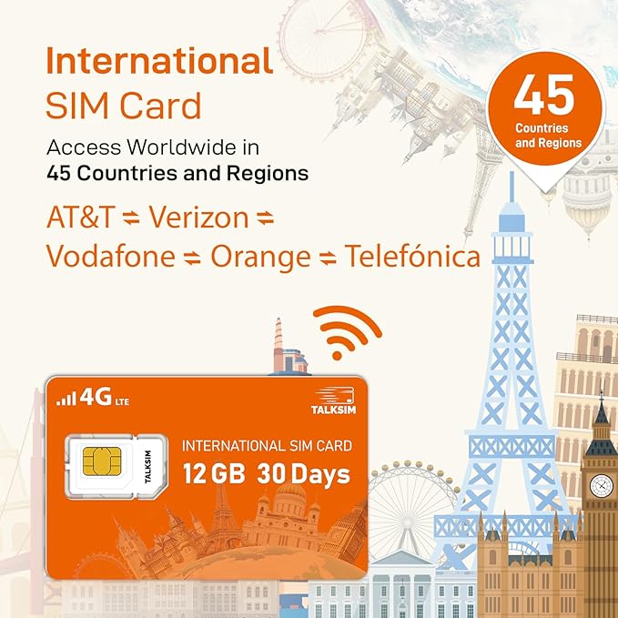 30 Days 12GB International Travel Data SIM Card, 4G LTE Coverage in 45 Countries (USA, UK, Europe, Asia, Africa), Prepaid Data Only Travel SIM for Unlocked Phones, Tablets, WiFi Hotspots,No Contract