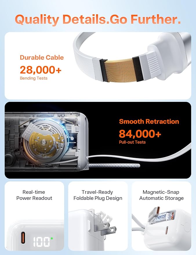 TORRAS EasyGo 3-in-1 Portable Charger, Built-in 28in Retractable USB C Cable and Wall Plug, 10000mAh Power Bank 35W Fast Charging, Travel Essentials Phone Battery Pack for iPhone 17 16 15 iPad Galaxy