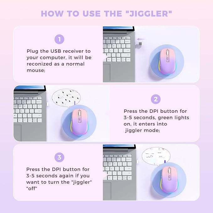 PEIOUS Wireless Mouse Jiggler - LED Wireless Mice with Build-in Mouse Mover, Rechargeable Moving Mouse for Laptop with Undetectable Random Movement Keeps Computers Awake - Purple to Pink