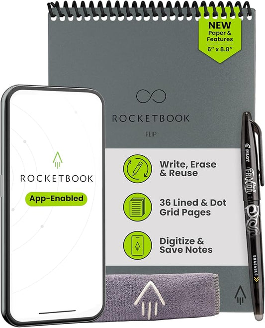 Rocketbook Flip - with 1 Pilot Frixion Pen & 1 Microfiber Cloth Included - Gray Cover, Executive Size (6" x 8.8")
