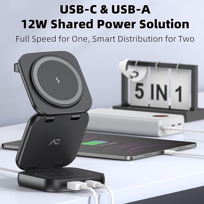 5-in-1 Wireless Charger for MagSafe, AC ISLAND Portable Travel Charging Station, 15W Max Fast Foldable Magnetic Stand, Evolved for iPhone 17/16/15/14/13 Series, Apple Watch, AirPods (with 35W Adapter)
