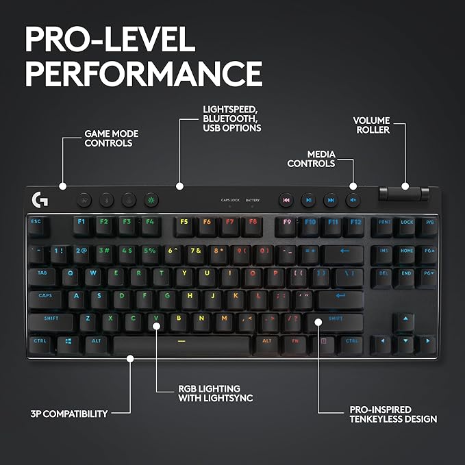 Logitech G PRO X TKL LIGHTSPEED Wireless Gaming Keyboard, Ultra-Portable Tenkeyless Design, LIGHTSYNC RGB, PBT keycaps, Linear Switches (GX Red) - Black