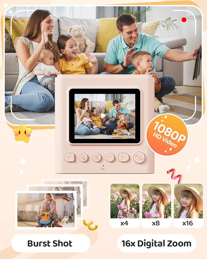 Kids Instant Print Camera, Christmas Birthday Gifts for Girls and Boys, 1080P HD Video Digital Kids Camera with Print Paper & 32G Card, Toddler Toy for 3-14 Years Old (Brown)