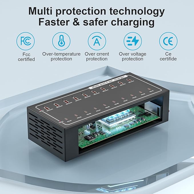 20 Port Fast Charging Station, (10USB C+10USB A) 400W USB Charging Station, simultaneously Charges Mobile Phones, Tablets, Game Consoles and Headphones and Other Devices at high Speed
