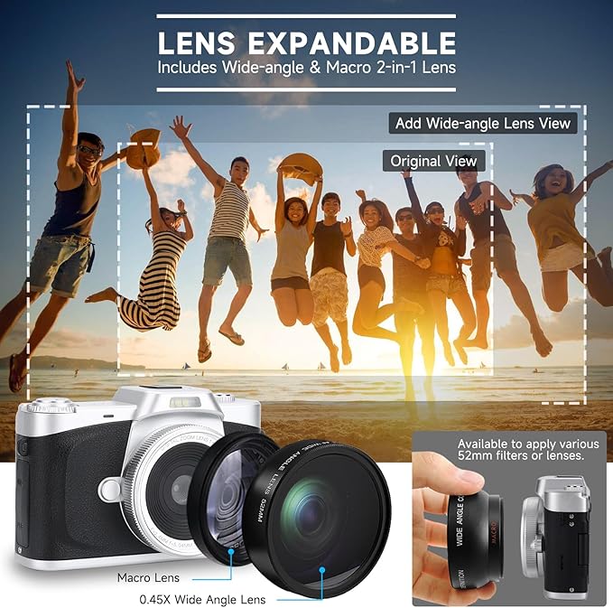 Digital Camera with 3'' Flip Screen 16X Digital Zoom Compact Point and Shoot Camera for Kids, Beginners, 4K Vlogging Camera with 2 Batteries