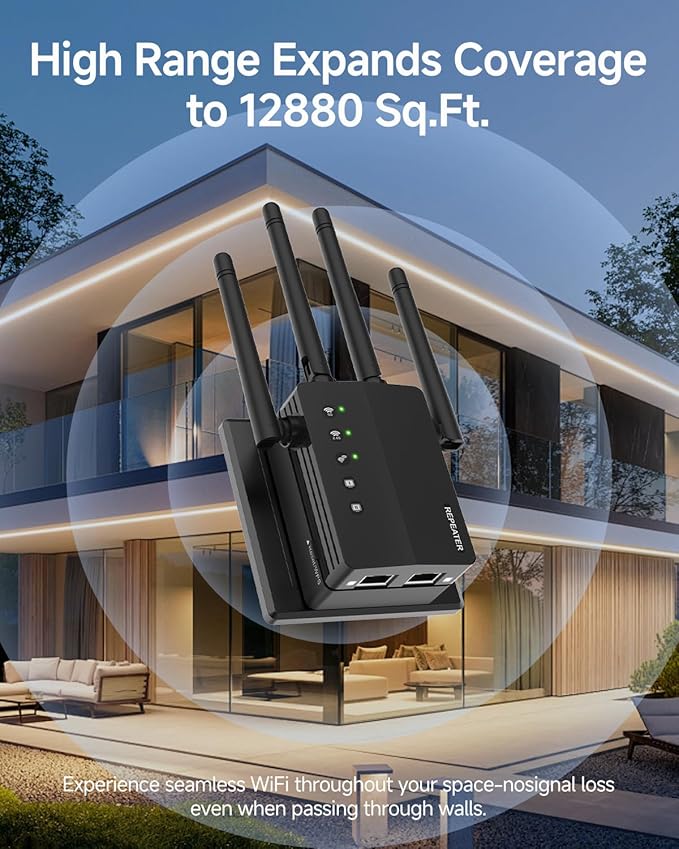 12880 Sq.Ft WiFi Extender Signal Booster, 1200Mbps WiFi Repeater, 105-Device Support, Simple Install, WiFi Extender with Wide Compatibility