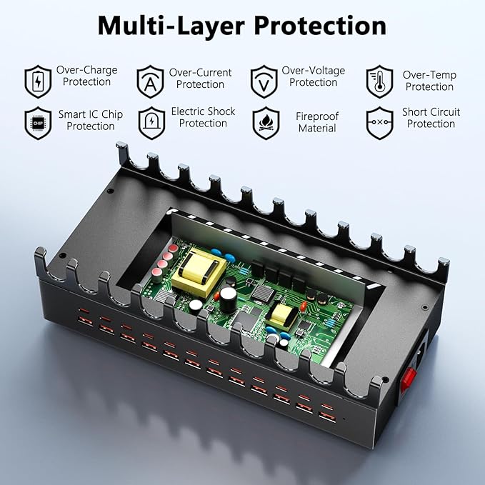 300W Charging Station with 24 Ports,USB Fast Charger for Multiple Devices,Multi Charger Station Organizer Compatible with Smart Power Delivery,Phone,Tablet,Charging Station for Home,Office,School