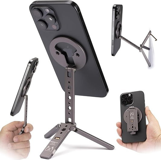 Magnetic Tripod for iPhone 12/13/14/15/16/17 & MagSafe Cases | Handy Phone Stand | 20 N52 Magnets Inside, Cold Shoe Mount, 1/4" Screw & Foldable Hook