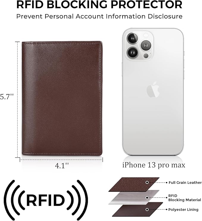 Polare Slim RFID Blocking Leather Passport Holder Travel Bifold Wallet For Men (Coffee)