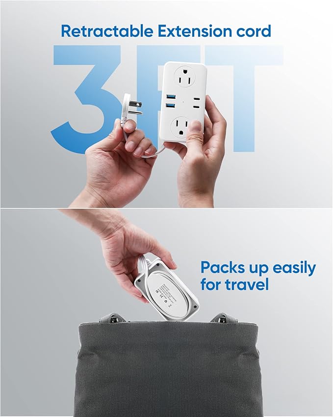 Travel Power Strip with USB Ports (3.0A), Ultra Flat Plug Power Strip, 6 AC Outlets, 4 USB Ports (2 USB C), 3ft Wrapped Around Extension Cord for Cruise Ship Travel Essentials