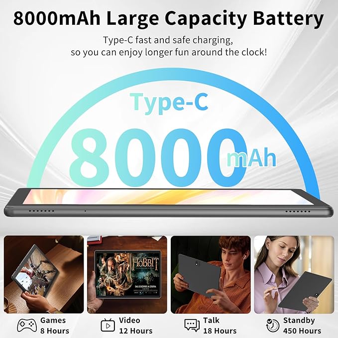 2025 Tablet, Android 14 Tablets 10 inch with Keyboard, 26GB RAM+256GB ROM(2TB Expand), 2-in-1 Tablets with 8-Core, 8000mAh, 5G WiFi, Widevine L1, GMS, with Case, Keyboard, Mouse, Stylus(Black)