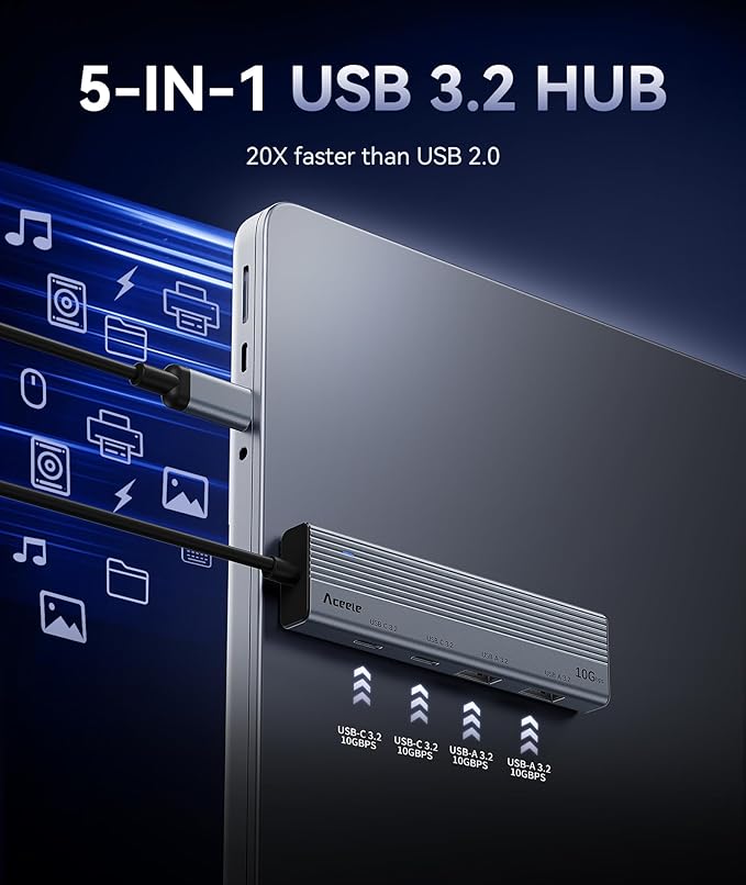 Aceele 10Gbps USB C Hub Splitter with 2*USB-A 3.2 & 2*USB-C 3.2, 100W PD Charging Port, USBC to USB A Hub Multiport Adapter for MacBook Pro, iMac, iPad and More(Not Support Extend Monitor)