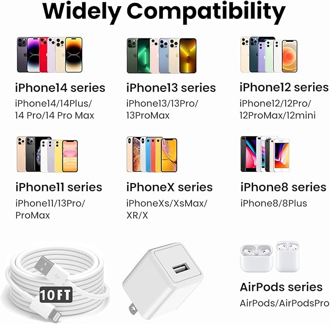 iPhone Charger, [Apple MFi Certified] 2 Pack 10ft iPhone Charger Data Sync Transfer Lightning Cable with Travel USB Wall ChargerBlock Compatible with iPhone13/12/11 Pro/SE/XS/X/XR/8/7/iPad/AirPods