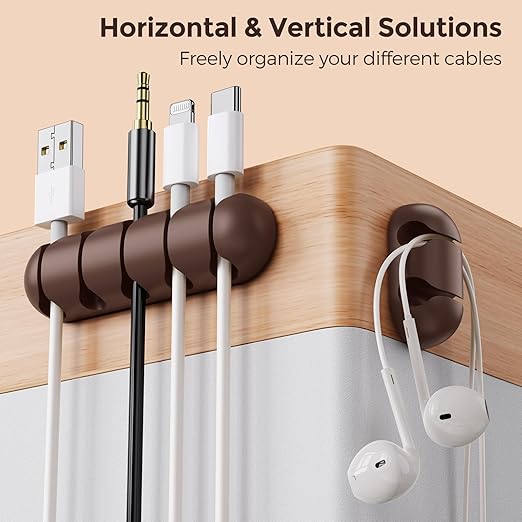 UNBREAKcable Cable Holder Clips, 5 Pack Cord Organizer for Desk, Silicone Adjustable Cord Clip, Adhesive Wire Management for Charging Cable USB Mouse Wire PC Car Office Home Nightstand Wall - Brown