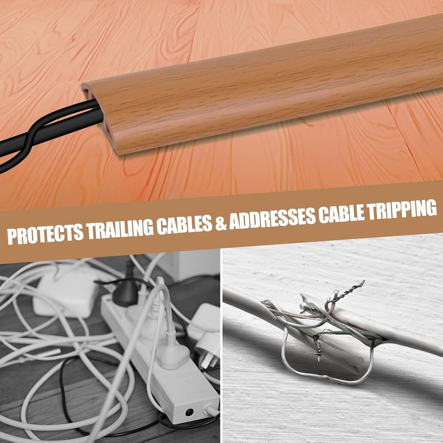Floor Cord Cover Self Adhesive Cord Hider,3.3FT Cable Management, Extension Strip Protector for Wires, Prevent Cable Trips for Offices, Gyms, Exhibitions Cavity:0.3"(W) x 0.28"(H) Brown Wood