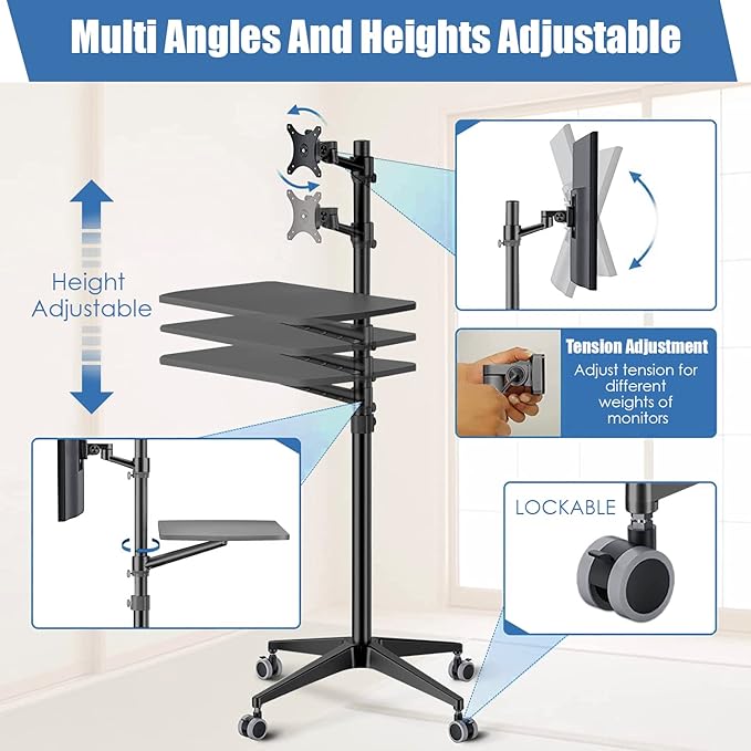 Mobile Desk Workstation,Mulitiuse Rolling Laptop Floor Stand,34"-48.6" Height Adjustable,Compatible with 17"-27" Monitor&12"-17" Laptop,21"×14" Desk Board,Maxload 17.6lbs,4 Lockable Wheels