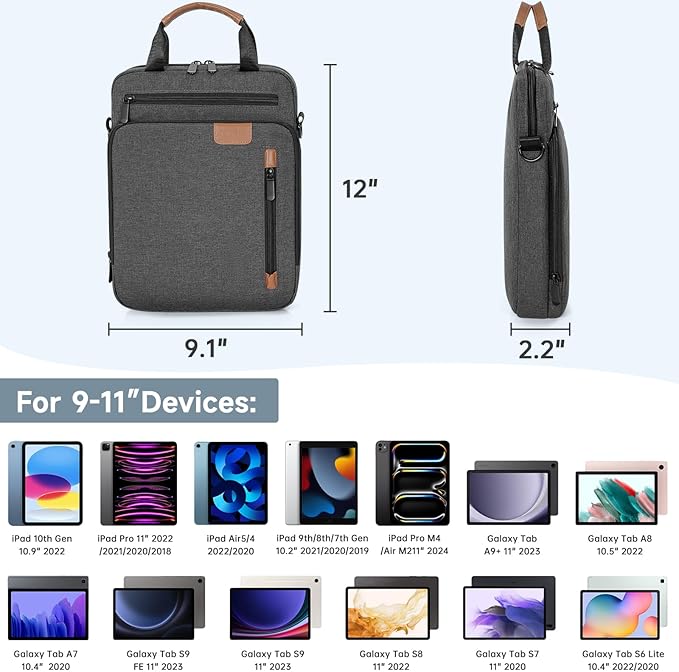 9-11 Inch Tablet Sleeve Bag,Padded Protective Travel Carrying Case for iPad Pro M4 11", iPad Air M2 5/4th 10.9", Air 3th 10.5", iPad 10th 10.9", 9/8/7th 10.2", Samsung Galaxy Tab A9+/A8/A7/S8/S7