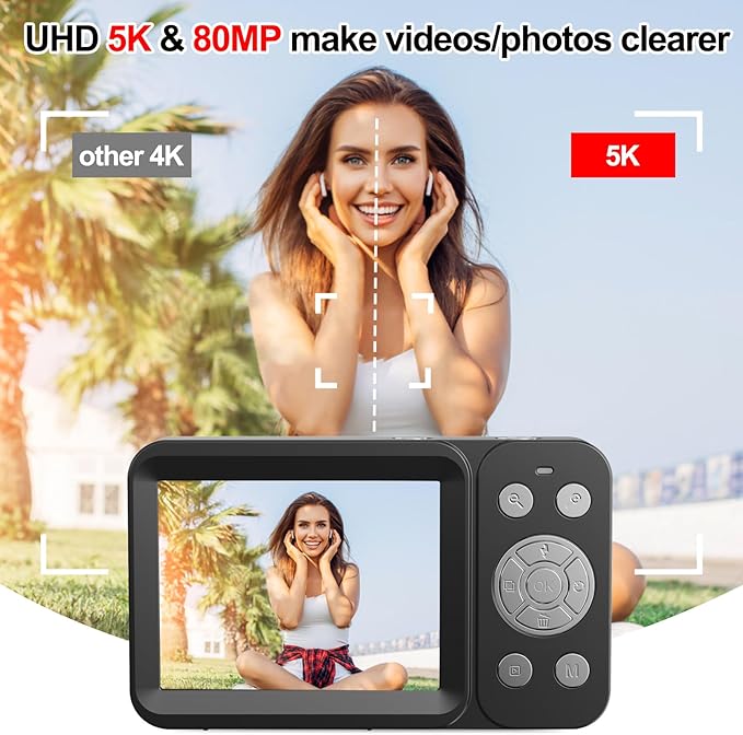 Upgraded 5K Dual Screen Digital Camera,80MP Vlog Photography Camera for YouTube,Campus,Travel,Compact Point & Shoot Camera for Teens & Beginners with Autofocus,18x Zoom,Anti-Shake,Black
