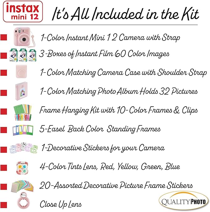Fujifilm Instax Mini 12 Instant Camera + 60 Photo Prints + Quality Photo Value Bundle, Case, Decoration Stickers, Frames, Photo Album, (Blossom Pink)