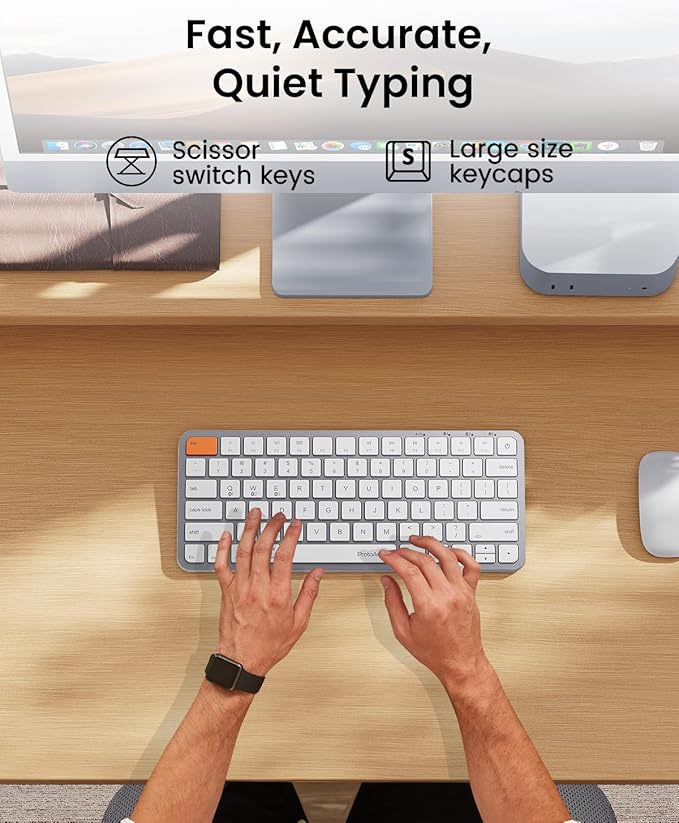 ProtoArc Backlit Compact Wireless Keyboard for Mac, K90-A Bluetooth Keyboard, Multi-Device, Low Profile, Fluid Quiet Typing, Rechargeable, Compatible with MacBook Pro/Air, iPad - White Silver