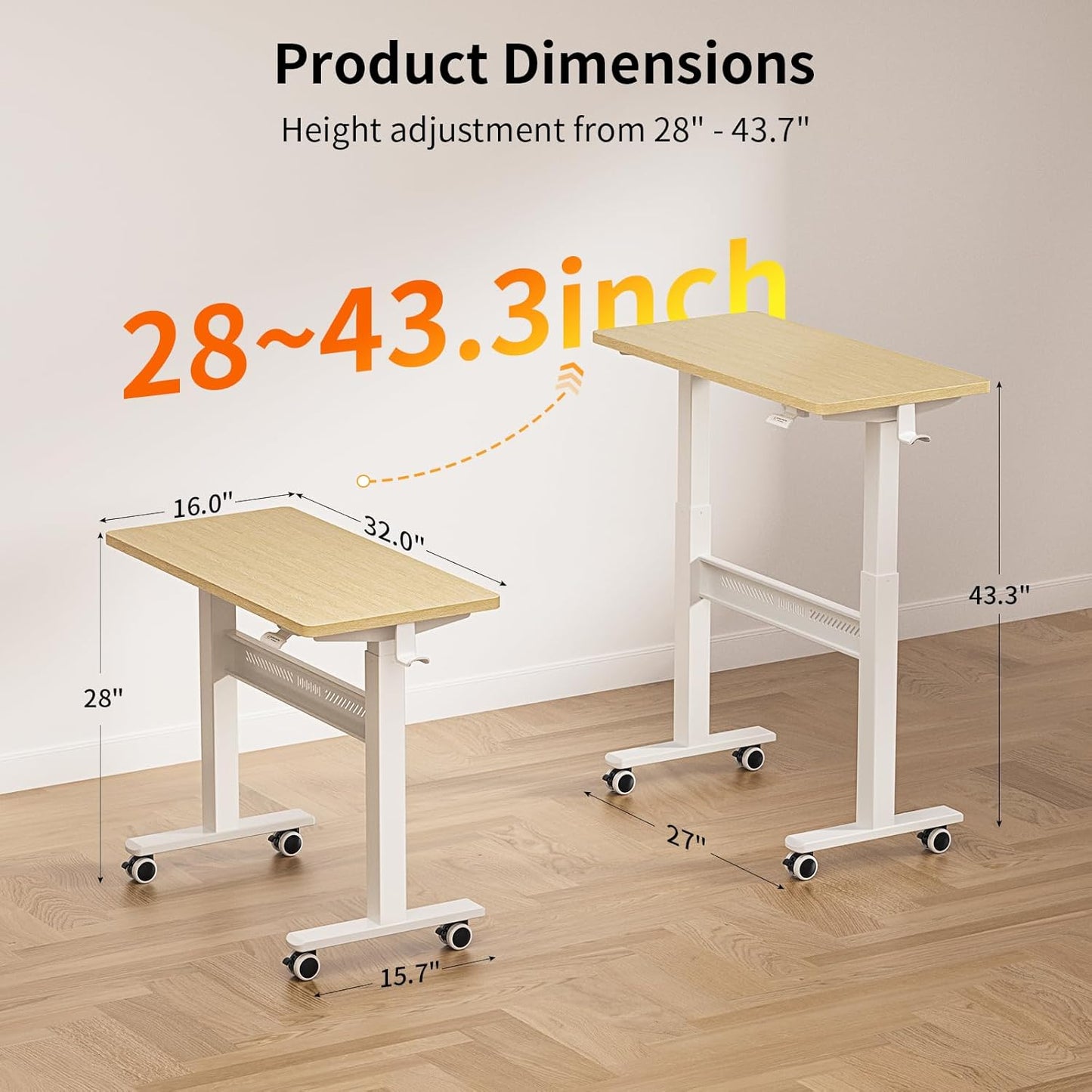 Mobile Walking Pad Desk with Wheels, Pneumatic Small Rolling Standing Desk Riser Height Adjustable (28-43.7") for Treadmill, Portable Computer Table for Home Office, Oak