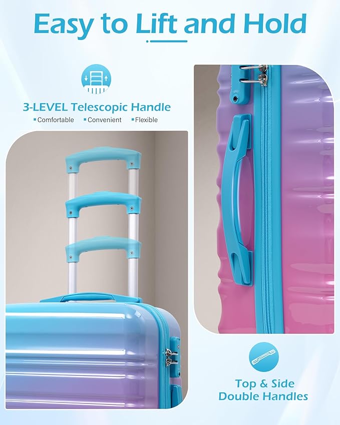 LONG VACATION Carry On Luggage Sets 3 Piece 20 Inch Suitcase Set, ABS+PC Hardshell Lightweight Travel Luggage with Spinner Wheels & YKK Zipper TSA Lock (Blue and Pink, 20 INCH)