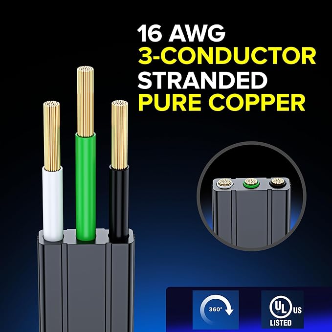 Maximm Cable 20 Ft 360° Rotating Flat Plug Extension Cord, 16/3 AWG Multi 3 Outlet 3-Prong Grounded Wire- Black - UL Certified