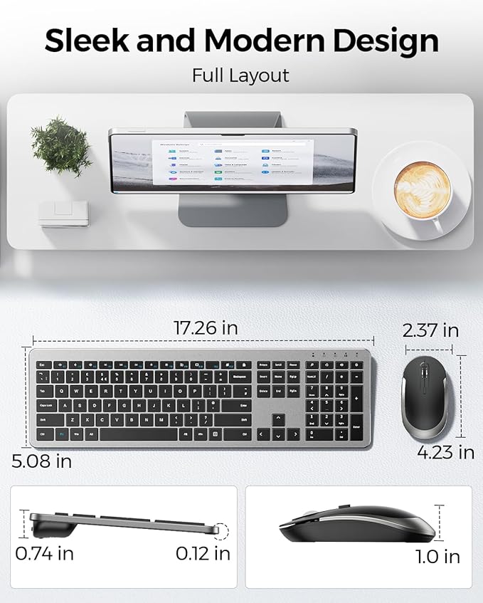 Wireless Keyboard and Mouse Combo - Full Size Slim Thin Wireless Keyboard Mouse with Numeric Keypad 2.4G Stable Connection Adjustable DPI (Grey & Black)