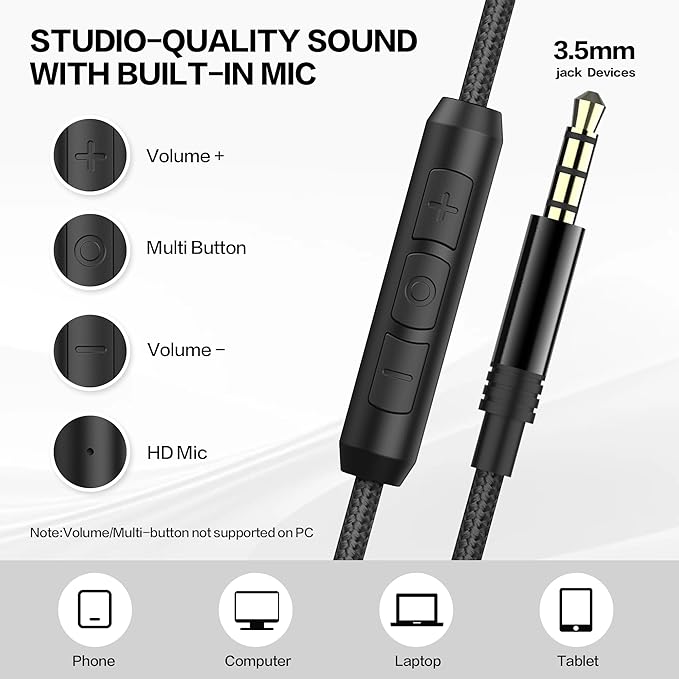 Over Ear Headphones Wired with Microphone - Noise Isolating Corded Headphones with Protein Leather Ear Cushions for Teens Adults,Fordable Head phones with Golded 3.5 mm Jack for Laptop (Black)