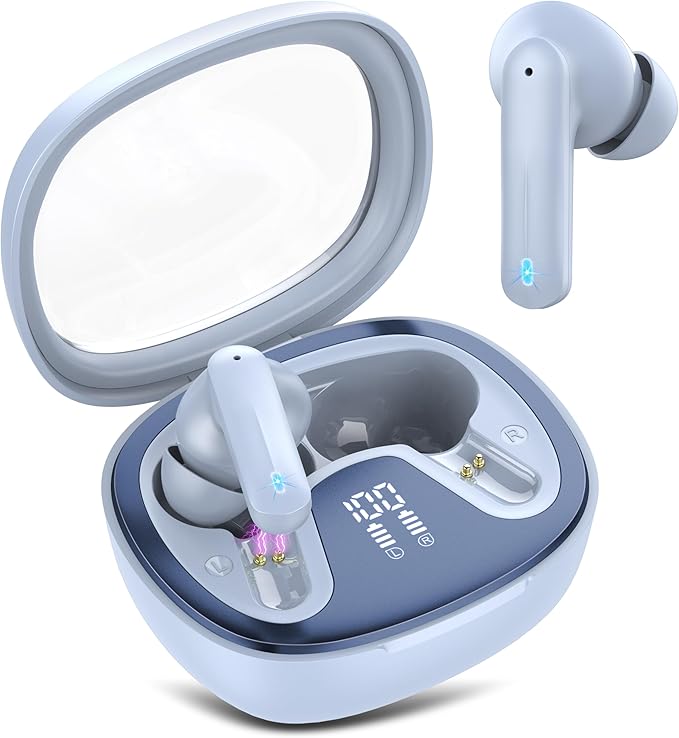Wireless Earbuds, Bluetooth 5.4 Headphones, HiFi Stereo Bass Ear Buds, in Ear Earbuds with 4 ENC Noise Cancelling Mic, 45H, LED Display, IP7 Waterproof, Earphones for Phone Android/iOS Sports, Blue