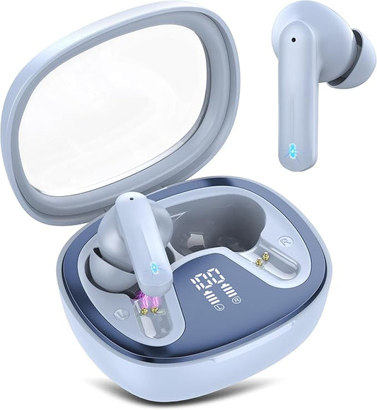 Wireless Earbuds, Bluetooth 5.4 Headphones, HiFi Stereo Bass Ear Buds, in Ear Earbuds with 4 ENC Noise Cancelling Mic, 45H, LED Display, IP7 Waterproof, Earphones for Phone Android/iOS Sports, Blue