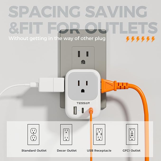 USB Wall Charger, TESSAN Outlet Splitter with 4 AC Outlets Extender and 3 Charger (2 USB C Blocks), Multi Plug Expander Charging Station for Cruise, Home, Office, Dorm Room Essentials