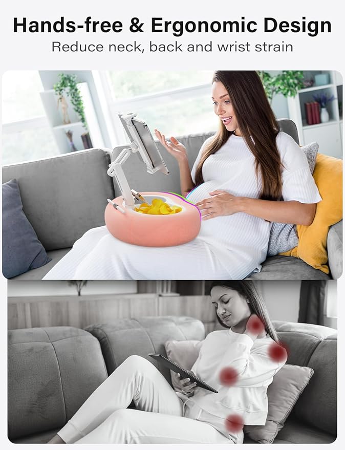 Tablet Kindle Pillow Stand Holder with 2 Trays Fit 4''-13'' Phone/Tablet/Kindle iPad Holder Stand for Bed with Soft Plus Fabric Reading Accessories Gift, Pink